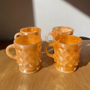 Vintage Anchor Hocking Fire-King Kimberley Diamond Mugs Peach Lustre Set of 4